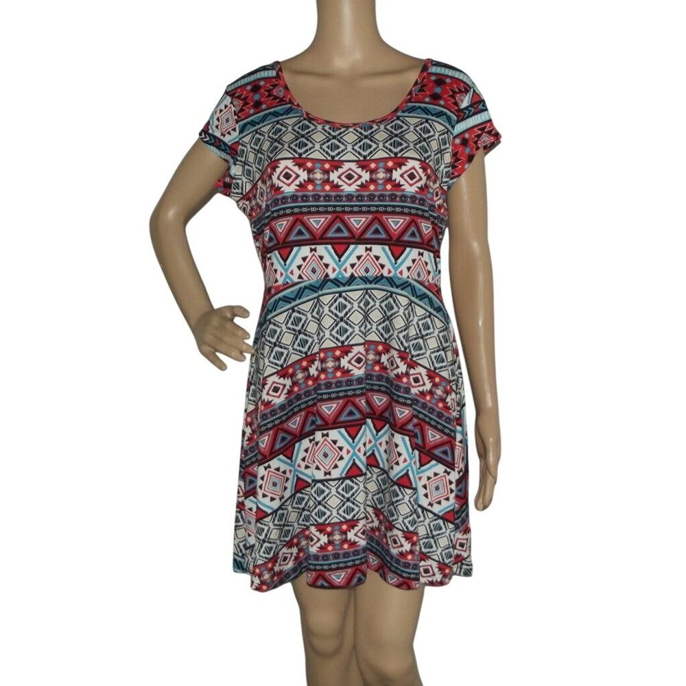 Bobbie Brooks Dress Womens Size Medium blue red Aztec Geo Print open back Summer